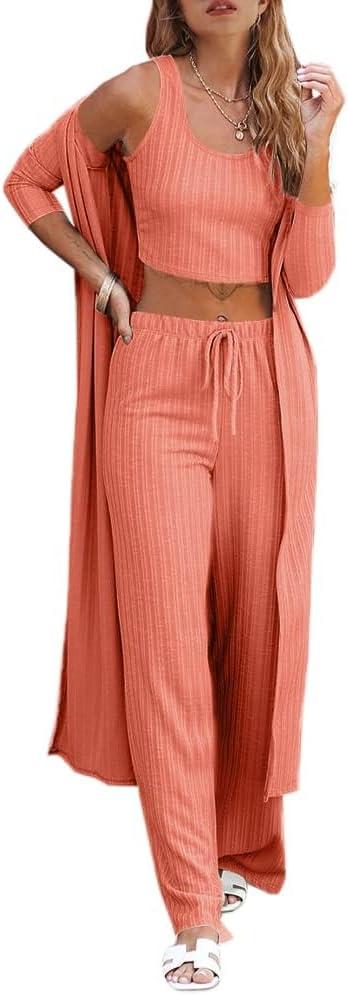 Fessceruna Womens 3 Piece Lounge Sets Pajamas Knit Long Sleeve Cardigan Crop Top Wide Leg Pants Loungewear Set (X-Small, A-pink Orange)