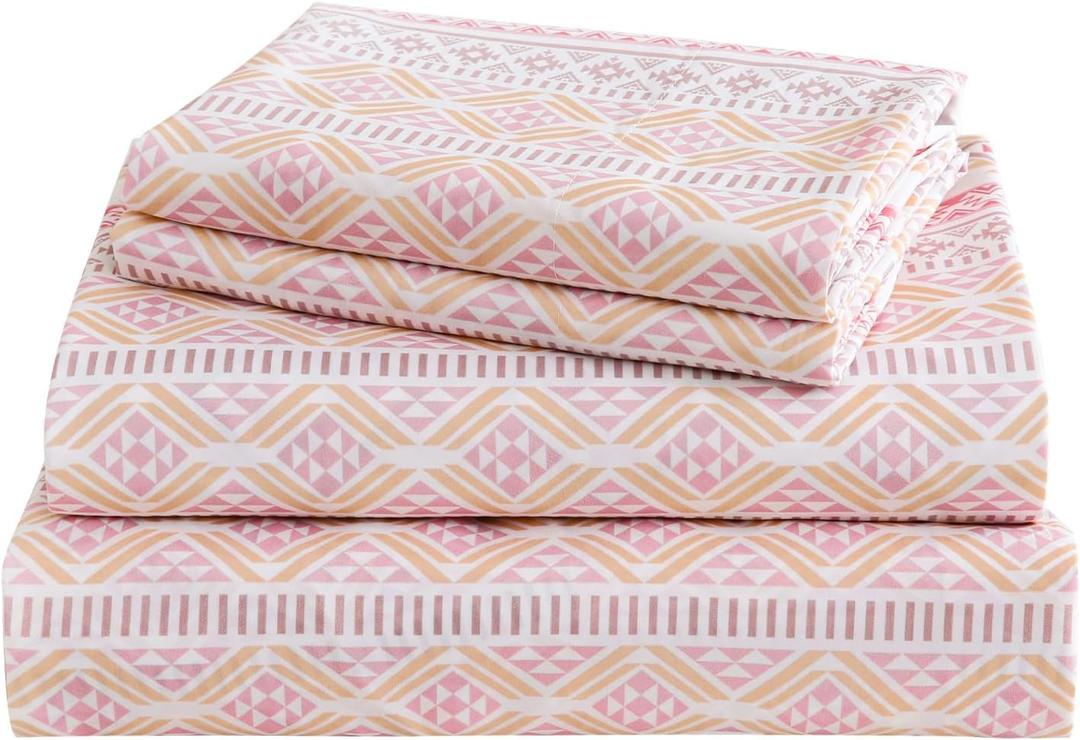 Boho Sheet 4 Pieces Queen Sheet Set Bohemian, Boho Sheets Soft Microfiber Deep Pocket, Western Sheets Geometric(Queen, Pastel Pink Geometric)