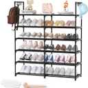 2-Row 6-Tier Stackable Shoe Rack, Black Metal Shoe Shelf with Multifunctional Hooks, Hold 24-30 Pairs, Space Saving Shoes Organizer for Closet,Show Rack