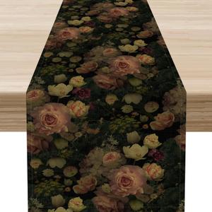 Black Gothic Floral Table Runner, Retro Boho Bohemian Vintage Botanical Print Table Center Decor for Family Kitchen Indoor Outdoor Home Party Living Room Farmhouse Table Decorations, 13" X 72" (Flower-4)