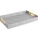 Home Redefined Modern Elegant 17.5"x12" Rectangle Glossy Grey Shagreen Faux Leather Decorative Tray Ottoman Coffee Table Perfume Kitchen Display Perfume Serving Tray with Gold Polished Metal Handles.