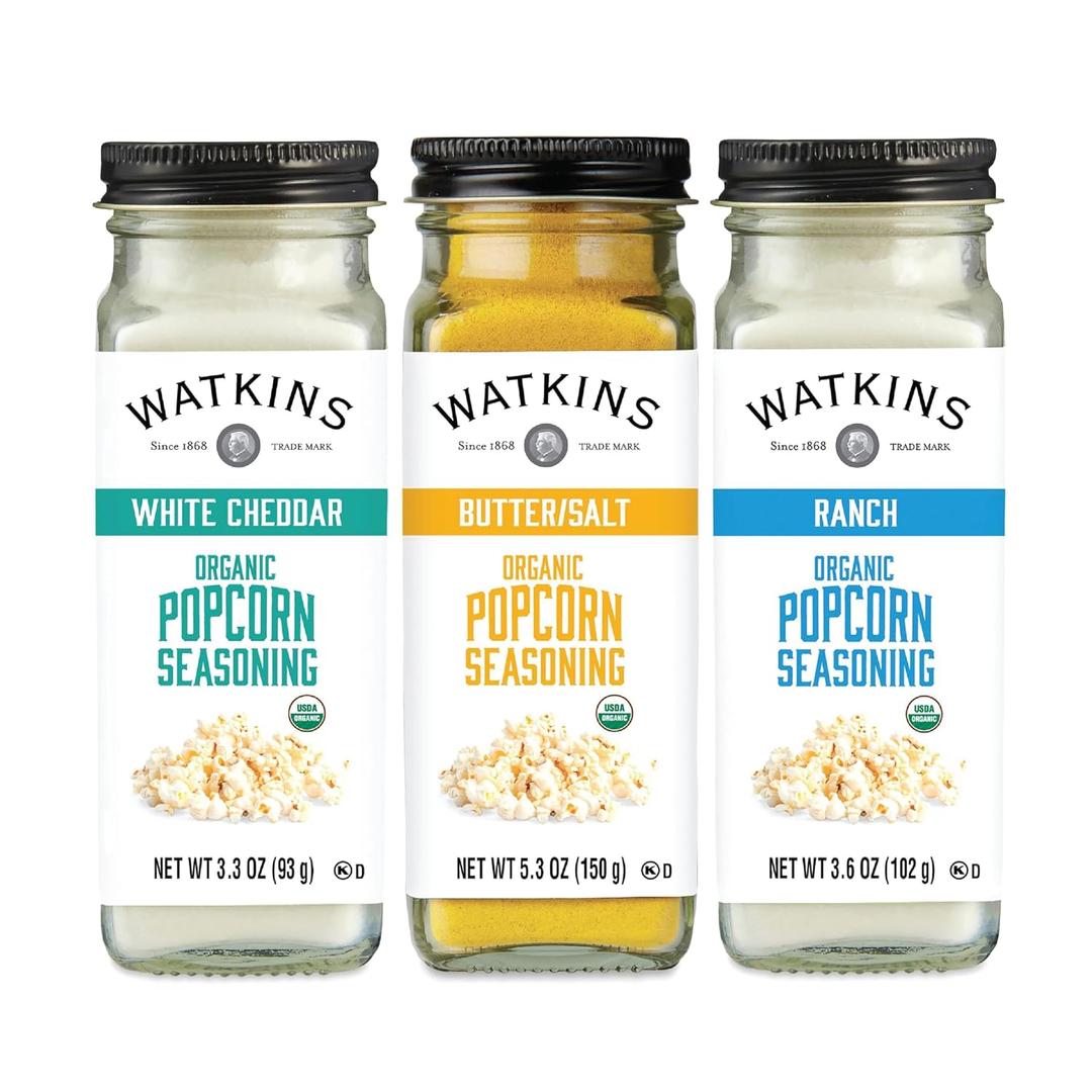 Watkins Popcorn Seasoning Multi-Flavor Variety Pack, 3-Pack (1 White Cheddar 3.3 oz., 1 Butter/Salt 5.3 oz., 1 Ranch 3.6 oz.) (EXP 06/30/30)