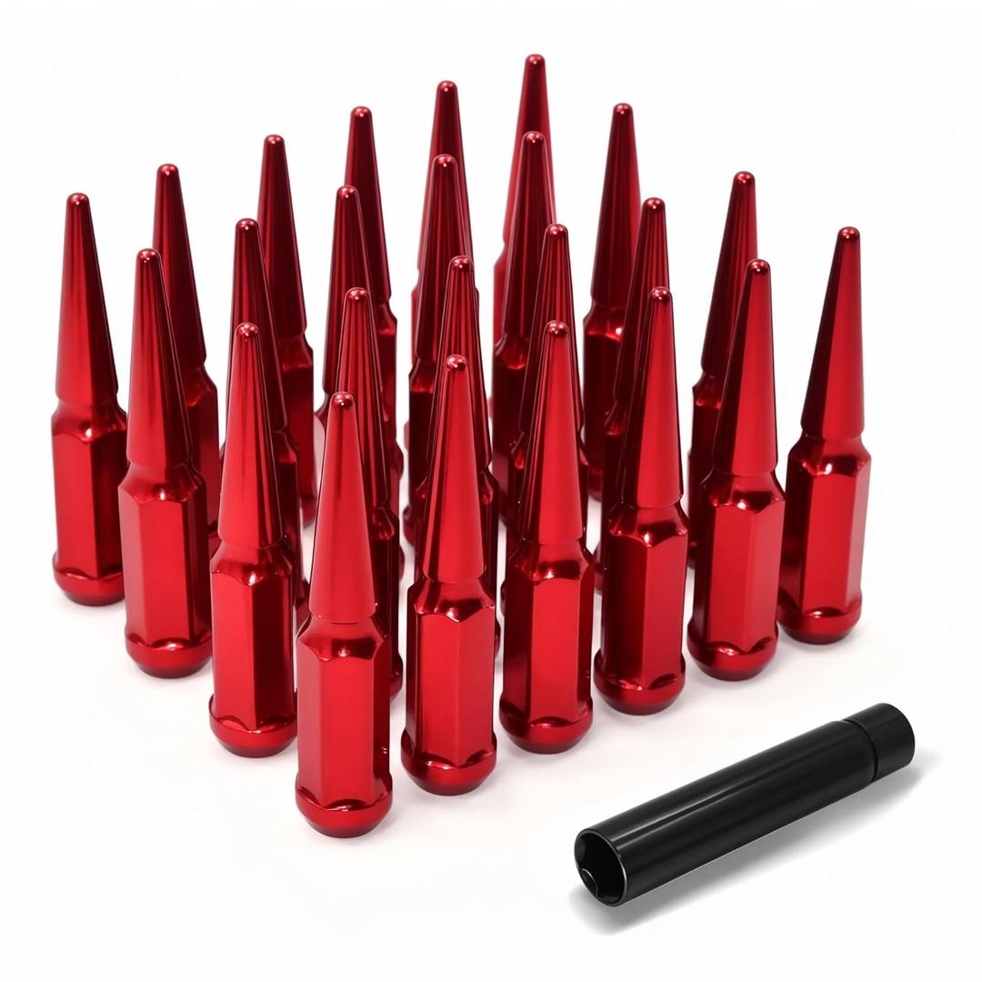 M14X1.5 Red Wheel Spike Lug Nuts, 24 PCS Lug Nut Wheel Accessories with 1 Socket Key, Thread Spiked 4.4" Long Closed End Nuts Compatible with Silverado Sierra 1500