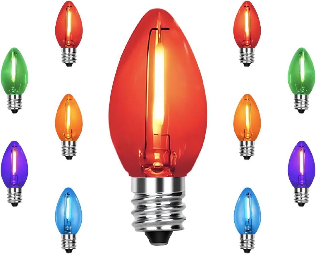 CHYSUPER C7 Replacement Bulbs, Christmas Lights Bulbs, 0.6W Multi-Color Clear LED Light Bulbs, Colorful Light for Xmas Tree Patio Prom Indoor Outdoor String Lights Decor, E12 Candelabra Base-10 Pack