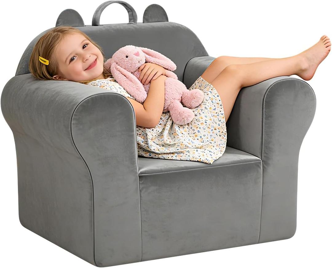 Kids Sofa Chair with Removable Washable Cover Kids Couch Toddler Chair Toddler Bed Cozy Crystal Velvet Furniture for Playtime, Naps & Travel (Soft Grey, Bear Design) (13.8 inches x 23.2 inches x 17.7 inches)