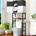 Over-The-Toilet Storage Rack, 4-Tier Bathroom Organizer Shelf Over Toilet with Barn Doors Cabinet and Basket, Freestanding Space Saver Bathroom Shelves with Paper Holder Above Toilet (Black & White), 24 inches x 9.3 inches x 65.5 inches