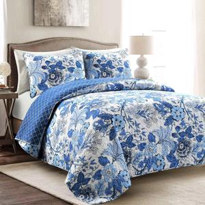 Lush Decor Sydney Reversible Cotton Quilt Set, 3 Piece Set, King, Navy & White - Cotton Bedding Set - Navy Floral Quilt - Cottage Decor - Bedding King Size