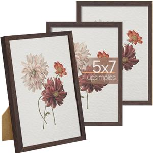 Upsimples 5x7 Picture Frame Set of 3, Made of High Definition Glass for 5 x 7, Wall and Tabletop Display Thin Border Photo Frames for Home Decor, Brown