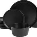 Gibson Soho Lounge Sofia Coupe 12-Piece Stoneware Dinnerware Set, Service for 4 Black Plates and Bowls