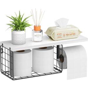 VITVITI Toilet Paper Holder with Shelf, Wall Mounted Toilet Paper Storage Basket, Wood Metal Toilet Roll and Wipes Holder for Bathroom Farmhouse (White)