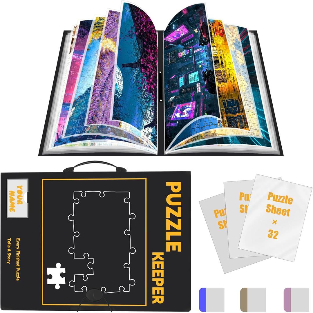 Puzzle Storage Folder for 1500pcs with Labeling Tabs & Name Card Pocket, Portable Puzzle Keeper,Jigsaws with Handle,32.6 * 25.2in(Inner Page), Black