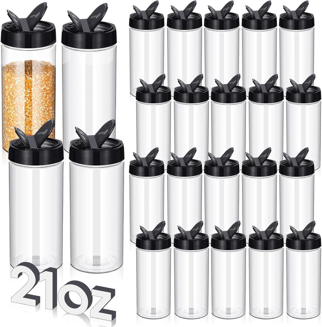 Zhehao 24 Pieces Plastic Spice Containers Plastic Spice Bottles Clear Reusable Large Empty Seasoning Jars with Shaker Lids for Kitchen Storage Seasoning Powder Herbs (21 oz, Cylinder, Clear and Black)