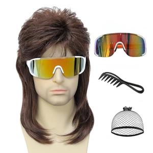 Traqur Men's Mullet Wig 70s 80s Retro Brown Cosplay Wig for Halloween Party Fancy Dress Costume Accessory (Medium Brown)