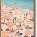 HUARCEY Colorful Seaside Vacation Vibes 12x16 Framed Canvas Wall Art, Retro People and Pink Umbrellas Summer Coastal Print, Tropical Beach Scene Bathroom Home Cafe Storefront Decor