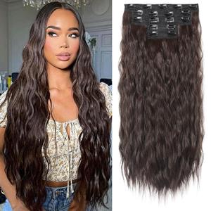 Clip in Hair Extensions, REECHO 5PCS Brown Hair Extensions 24" Thick Long Loose Waves hair extensions HE002 Invisible Lace Weft Natural Soft Hairpieces for Women  Dark Brown