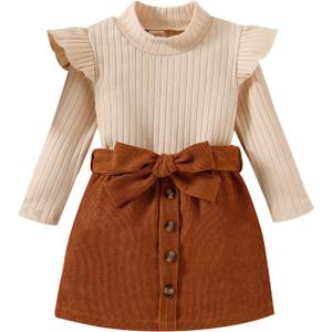 Fernvia Toddler Baby Girl Fall Winter Skirt Set Turtleneck Ribbed Long Sleeve T-Shirt Top & Plaid Skirts Dress 2Pcs Outfits (G Beige, 3-4 Years)