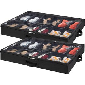 Lifewit Under Bed Shoe Storage Organizer Set of 2, 4.3 Inches Tall Low Profile Fabric Shoes Container Box with Clear Cover, Foldable Storage Bag with 2 Handles, Total Fits 24 Pairs of Shoes, Black
