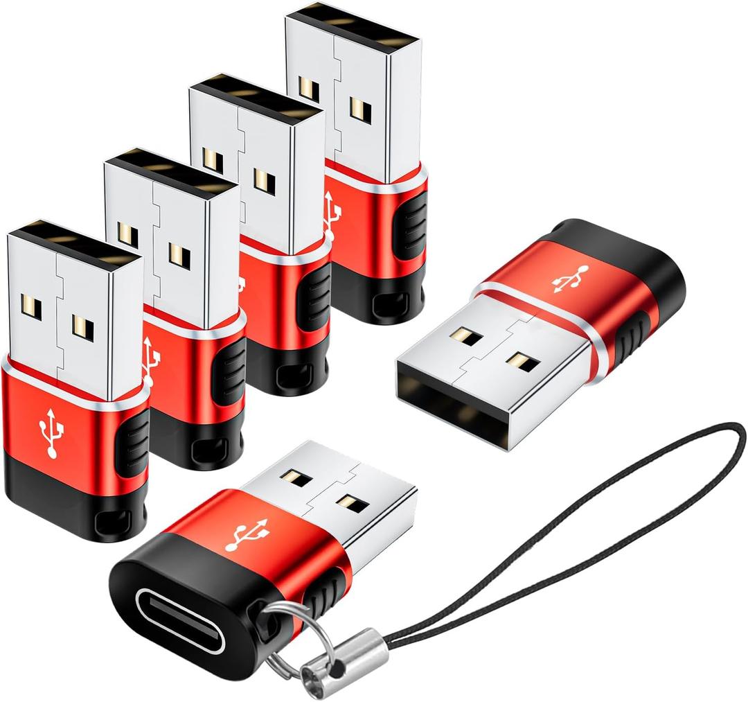USB to USB C Adapter 6 Pack,USB Type C Adapter,USB A to C Adaptor,USBC Female USBA Male Converter for iPhone 16 15 14 13,MacBook,iPad,Car Play,Charger,Red