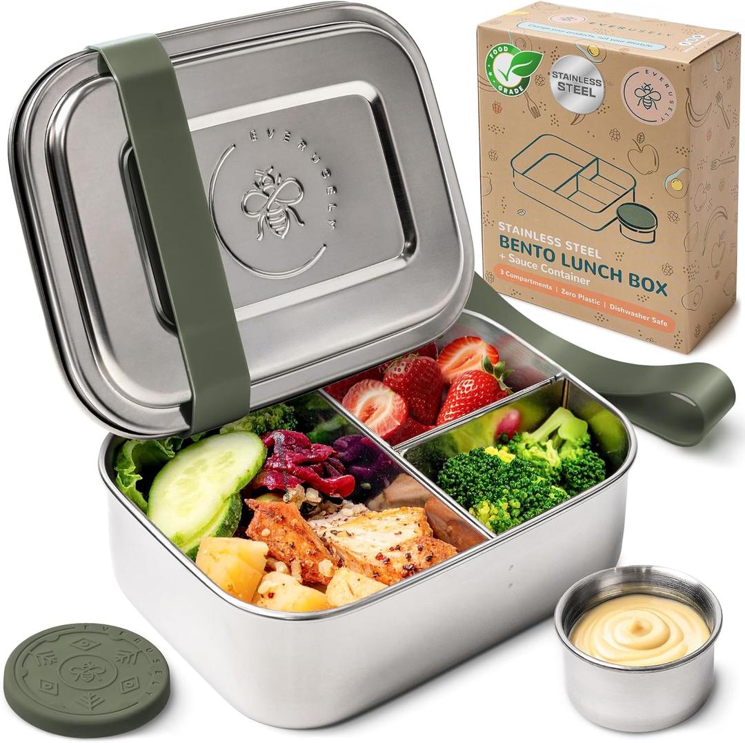 Everusely - Bento Box - Sage, 27 Oz / 0.8 L - Stainless Steel Lunch Box with Leakproof Condiment Container - 3 Compartment Snack Organizer for On the Go Meals - Freezer & Dishwasher Safe