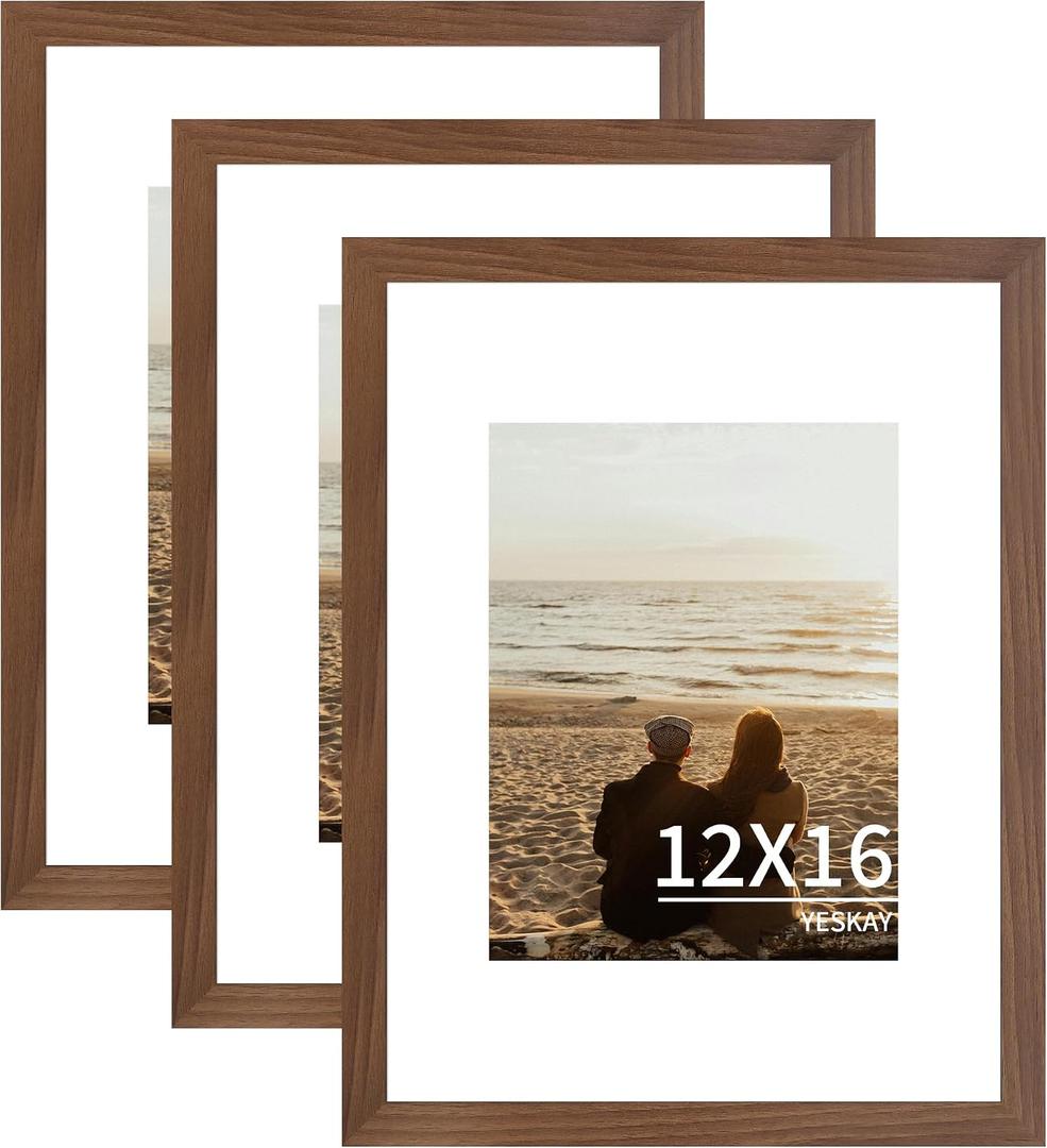 YESKAY 12x16 Picture Frame 3 Pack - Brown Poster Frame Display Pictures 8.5x11 with Mat or 12 x 16 Without Mat for Wall Hanging Horizontal and Vertical