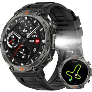 Military Smart Watches for Men Built-in GPS with LED Flashlight Compass, 3ATM Waterproof Rugged Tactical Smartwatch with Text and Call, 1.45" HD Fitness Tracker with HR SPO2 Monitor for iPhone Android (Black)