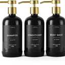Shampoo and Conditioner Dispenser Set of 3,Refillable 21oz Shampoo Bottles with Non-Slip Protective Silicone Pad,Shower Soap Dispenser with Waterproof Labels for Bathroom (Black)