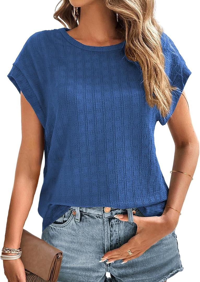 4 x Dokotoo Womens Blouses Summer Casual Cap Short Sleeve Tops Basic Textured Solid Color Round Neck T Shirts Blouse