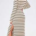 Saodimallsu Womens Striped Sweater Dress Fall Chunky Knit V Neck Collared Long Sleeve Sexy Slit Loose Midi Dresses (Beige)