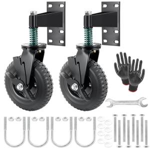 2Pcs 8 Inch Fence Gate Wheels with Brake 2 Install Heavy Duty Gate Wheels for Metal Wooden Gate Sliding Hardware 600lb Capacity 360 Rotation Spring-Loaded Farm Garden Caster Screwdriver Gloves Black
