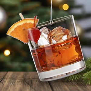 Christmas Cocktail Ornament, 2D Flat Whiskey Cocktail Christmas Ornament, Bartender Old Fashioned Christmas, Personalized Gift for Whiskey Lover, Bourbon Bar Christmas Tree Decor