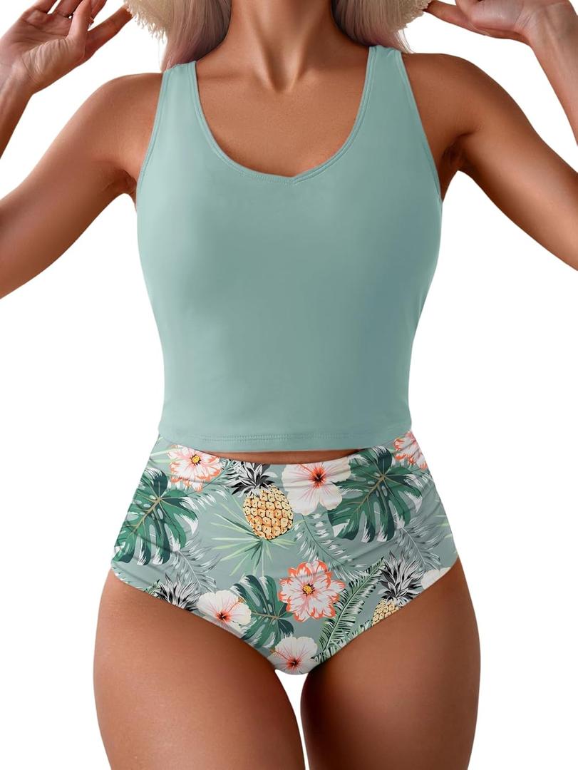 Eomenie Two Piece Tankini Swimsuits for Women Tummy Control Bathing Suits Cutout Back Swim Tank Top with High Waisted Bottom (Medium, Green Floral)