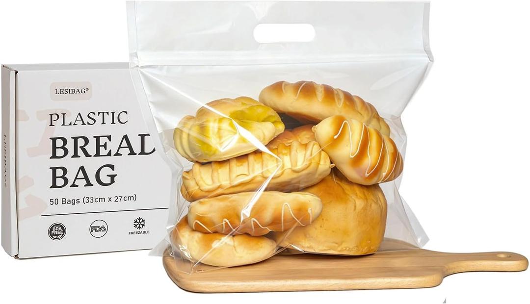 50 Pcs Clear Plastic Bread Bags for Homemade Bread, Resealable & Freezer Safe Bakery Bags Storage for Sourdough, Toast, Bagels, Muffins, Pastries (13 x 10.6'' Clear)
