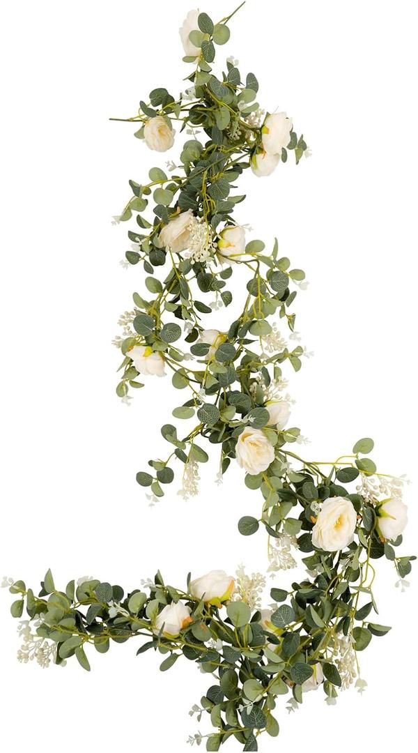 Eucalyptus Garland 6 FT Artificial Flower Garland Floral Vines 1 Pcs Eucalyptus Leaves Vines with Camellias Flowers for Wedding Party Decor