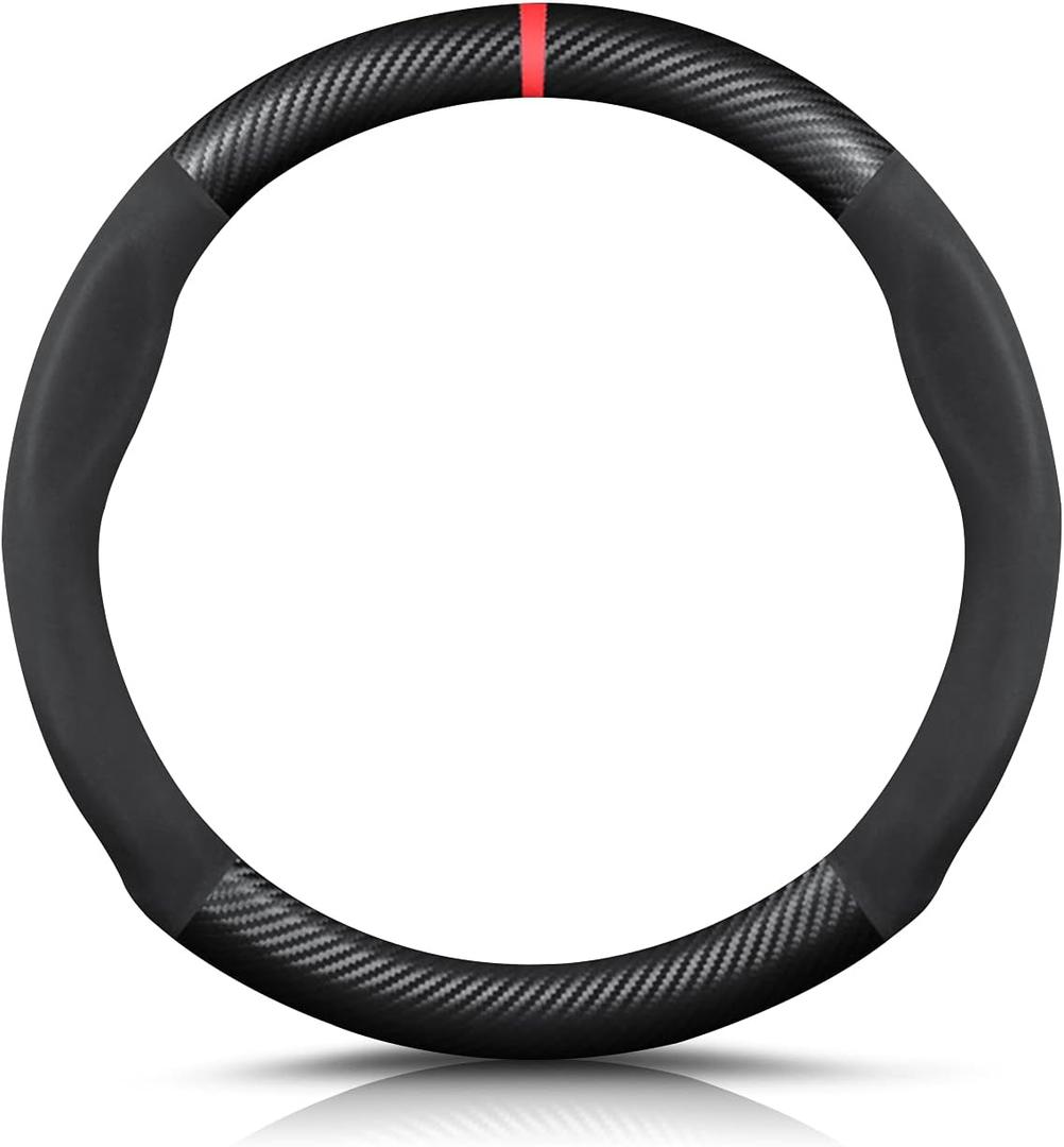 Ergocar Round Shape Carbon Fiber & Microfiber PU Leather Steering Wheel Cover Anti-Slip Car Steering Wheel Protector Breathable Sweat Absorbent Sport for Diameter 38cm15"-Black Red