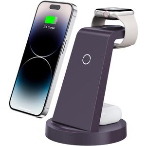 3 in 1 Charging Station for iPhone - Wireless Charger for Apple Products Multiple Devices - Charging Dock Stand for AirPods (for iPhone 16e 16 15 14 13 pro 12 11 X Max) (Purple)