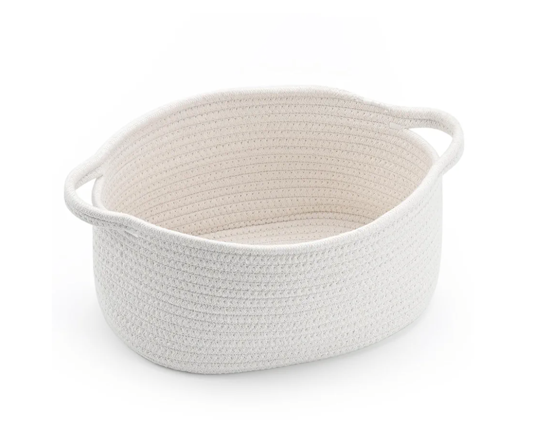 Cute Woven Storage Basket with Handle, Baskets for Gifts Empty, Gift Baskets for Birthday Baby Shower Raffle Burr Fundraiser, Decorative Organizer Box for Baby Toy Pet, 13" D x 8" W x 6" H, Whit 