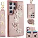 for Samsung Galaxy S25 Ultra Case with Wallet, Magnetic Snap Flip Leather Cover with Flower Design Credit Card Holder Stand WristbandSamsung S25 Ultra Protective Phone Case for Women (Pink)