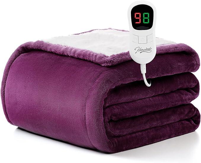 Electric Blanket Heated Throw, Soft Flannel Heating Blanket with 8 Hours Auto Off 10 Fast Heating Levels Machine Washable Sherpa Heated Blanket with Overheating Protection