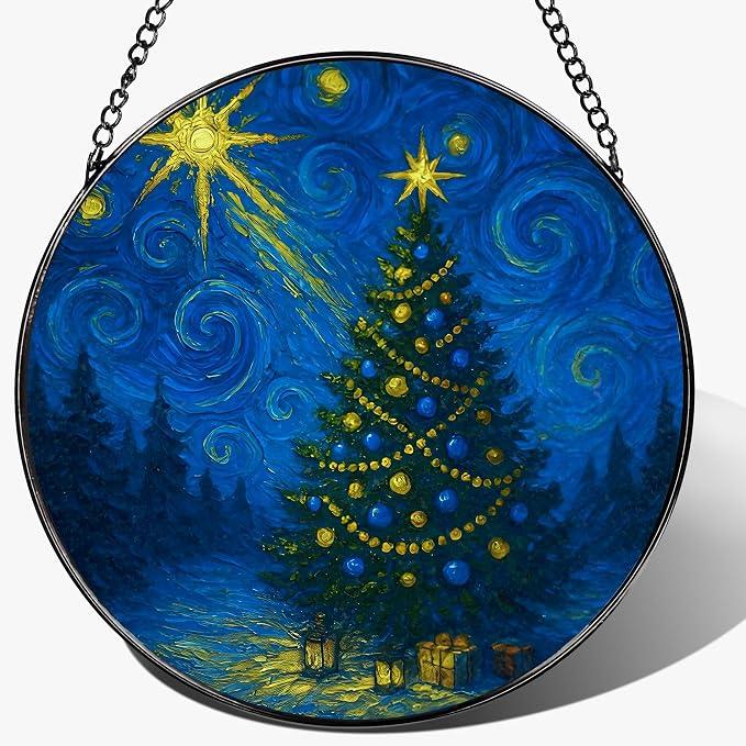 8-Inch Starry Night Christmas Tree Stained Glass Window Hanging & Ornament: Stained Glass Suncatcher Ornament, Sun Catcher Window Decor – Gifts for Christmas, Holiday Present, Gift Exchange, Gift Idea