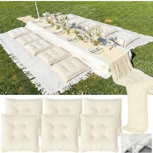 8 Pcs Fit for 6 People 91 x 71'' Extra Large Outdoor Picnic Blanket with Light Camel Table Runner and Floor Pillow Cushion Fit for 6 People Picnic Wedding Birthday Baby Shower Backyard Decor, Light Beige