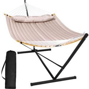 SUNCREAT 55 Inch Large Double Hammock with Stand, 450lbs Capacity, Outdoor Portable Hammock with Curved Spreader Bar, Extra Large Pillow, Tan