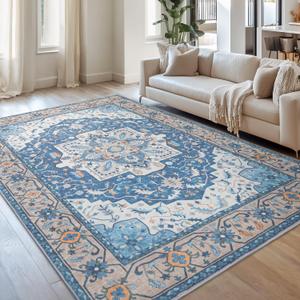 Lessymo 8 x 10 Area Rugs for Living Room- Machine Washable Area Rugs Boho Faux Wool Low Pile Area Rug for Bedroom Floral Medallion Vintage Rugs with Non-Slip Rubber, Kid & Pet Friendly, Blue Brown