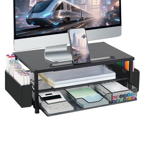 AUPSEN Wood Computer Monitor Stand Riser, 2-Tier Black Desk Organizer with Drawer, Pen Storage & Phone Holder ，Office Desk Accessories Desktop Organizer for Office Supplies