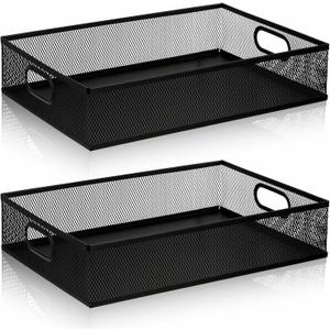 Elsjoy 2 Pack Desk Drawer Organizer Tray, Metal Mesh Desktop Storage Tray Office File Organizer with Handle, Portable Large Storage Basket for Office Supplies, Craft, Magazine, Paper