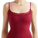 SUUKSESS Women Square Neck Lace Bodysuit Sleeveless Spaghetti Strap Tank Top (Medium, Wine Red)