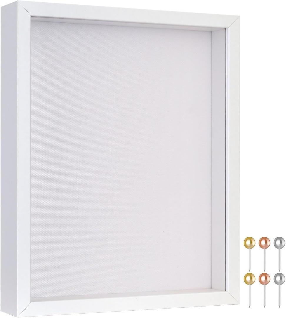 Califortree 8x10 Shadow Box Frame with Soft Linen Back - Metal Push Pins Included, Memory Shadow Box Display Case for Bouquet Awards Medals Wedding Photos and More, White