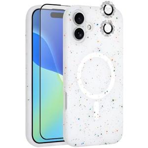 MZELQ for iPhone 16 Case, Compatible with MagSafe, Shower Grey, Shockproof, Drop Proof, Ultra-Slim, Diamond Camera Protector, Screen Protector, Silicone Designed for iPhone 16 Case 2 PACK