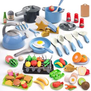 105Pcs Kids Kitchen Toy Accessories, Toddler Pretend BBQ Camping Cooking Playset, Play Pots, Pans, Utensils Cookware Toys, Play Food Set, Vegetables, Learning Gift for Girls Boys (Blue)
