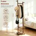 Solid Wood Coat Rack with Wheels - 2-Tier Freestanding Clothing Rack with 5 Hooks & Storage Shelves, Heavy Duty Rolling Clothes Stand for Entryway, Bedroom, Corner