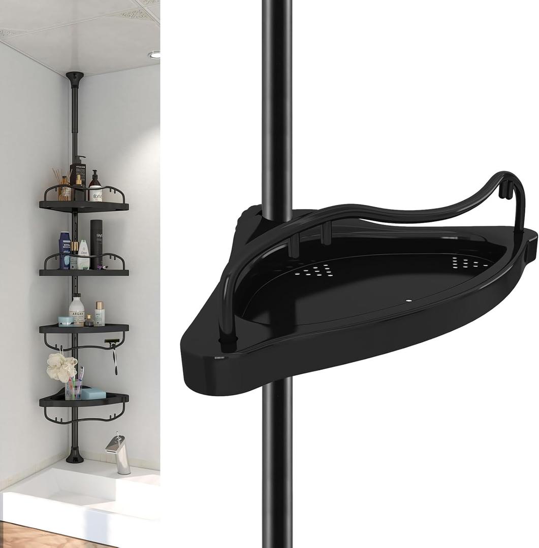 No-Drill Corner Shower Caddy, 39-125" Heavy Duty Rustproof Tension Pole, 4-Layer Large Storage Shelves with Guardrail, Bathroom Organizer for Shampoo, Soap & Accessories, Black